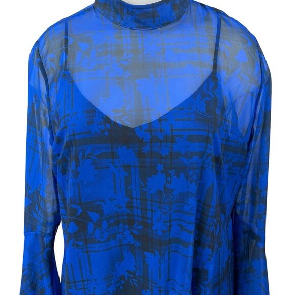 Topshop Blue Checkered Floral Fluted Seamed Asymmetric High Neck Midi Dress 14 - Picture 3 of 5